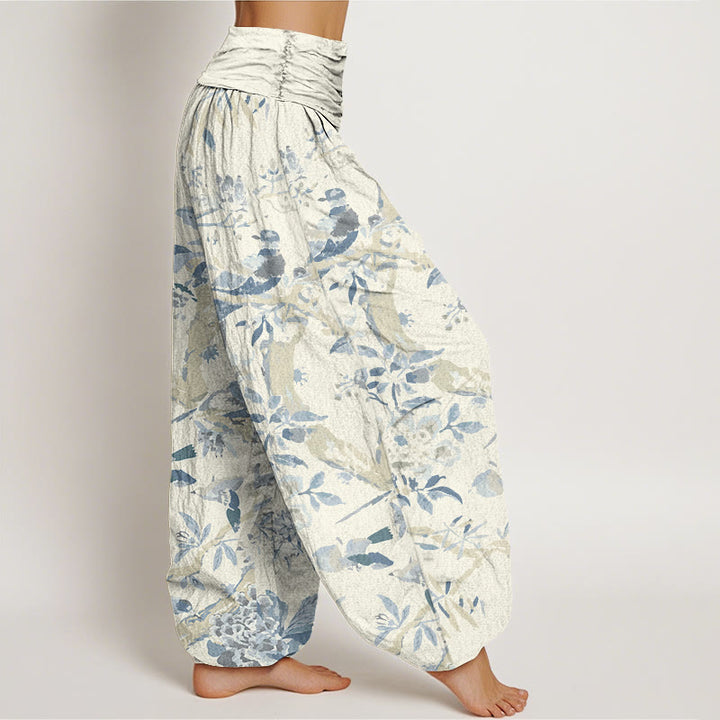 Pantalon harem à taille élastique pour femme, motif Buddha Stones, oiseaux, branches et fleurs en coton - image 2