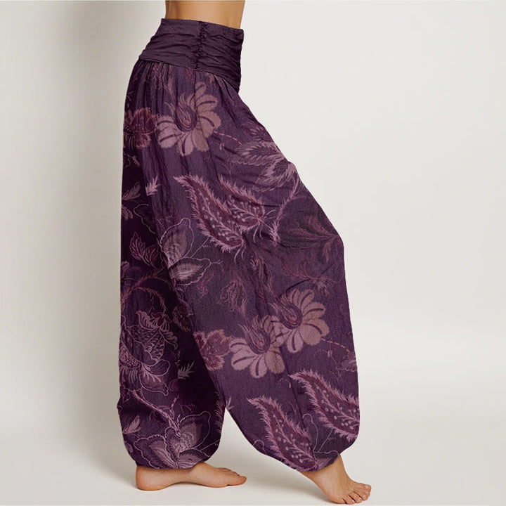 Pantalon harem décontracté en coton à motif floral et feuilles, taille élastique, pour femme, Buddha Stones - image 8