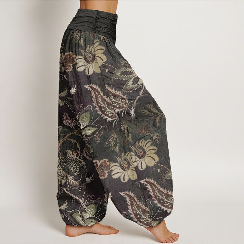 Pantalon sarouel décontracté à taille élastique pour femme avec motif floral et Buddha Stones - image 1