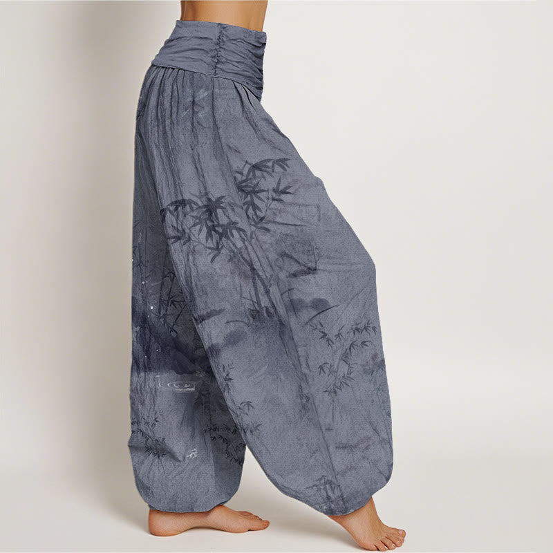 Pantalon Buddha Stones décontracté à taille élastique avec motif de roche en bambou et peinture à l'encre pour femme - image 1