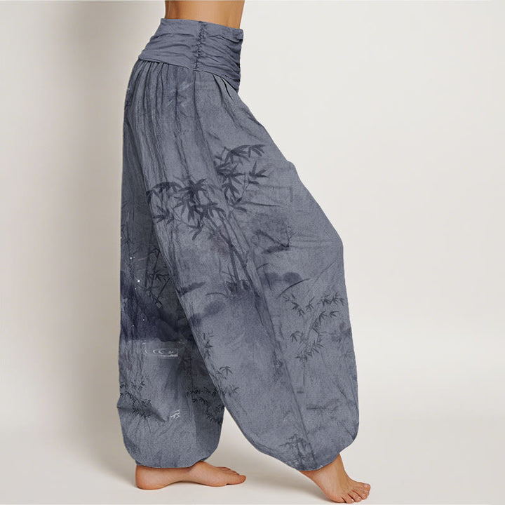 Pantalon harem à taille élastique pour femme, en coton, style décontracté, imprimé encre de bambou et pierres de Buddha Stones - image 1