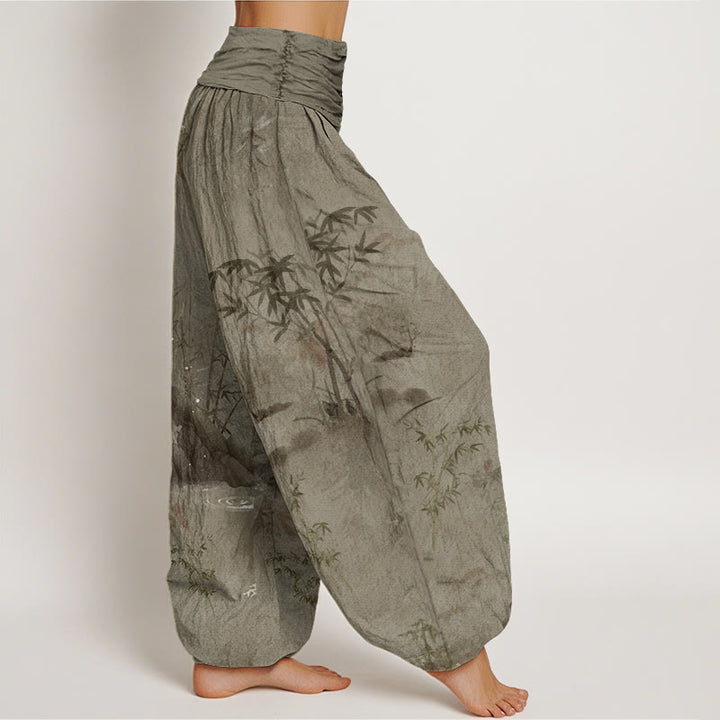 Pantalon harem à taille élastique pour femme, en coton, style décontracté, imprimé encre de bambou et pierres de Buddha Stones - image 5