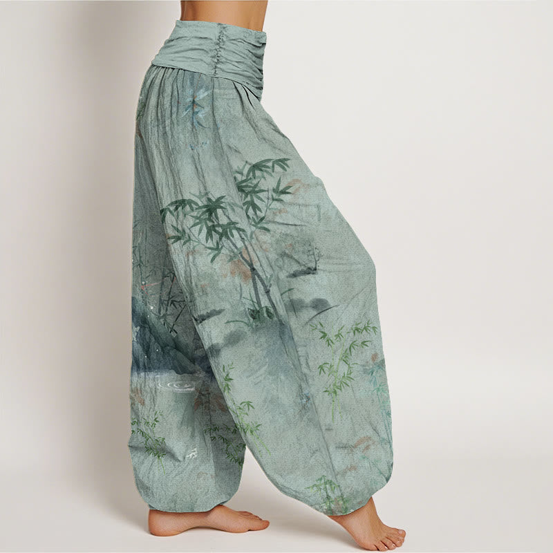 Pantalon Buddha Stones décontracté à taille élastique avec motif de roche en bambou et peinture à l'encre pour femme - image 9