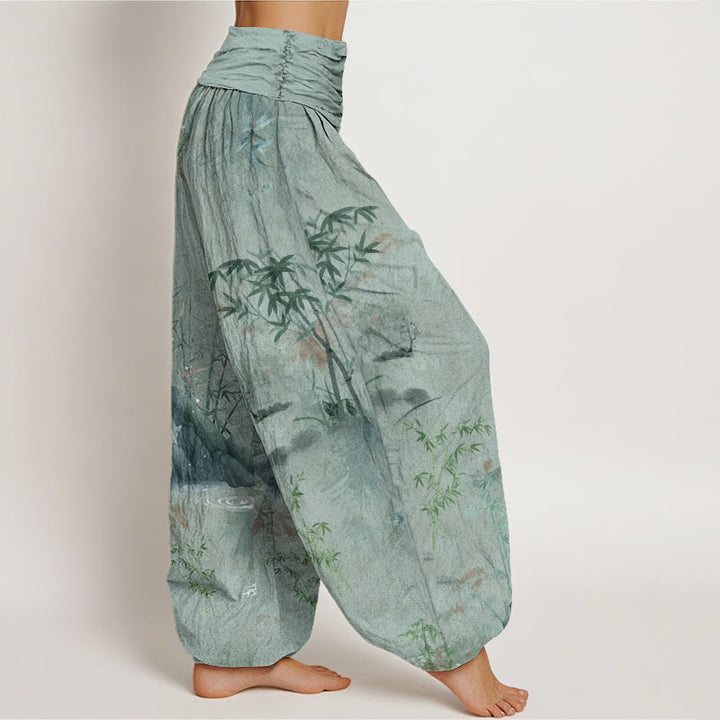 Pantalon Buddha Stones décontracté à taille élastique avec motif de roche en bambou et peinture à l'encre pour femme - image 9
