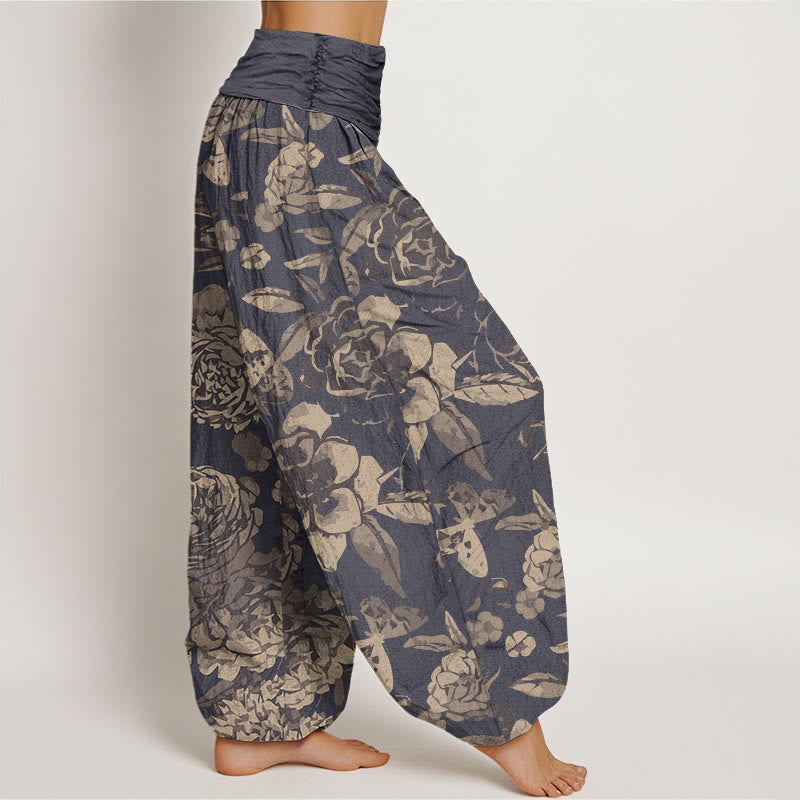 Pantalon harem décontracté en coton à motif de pivoines et feuilles, avec taille élastique, orné de Buddha Stones - image 1