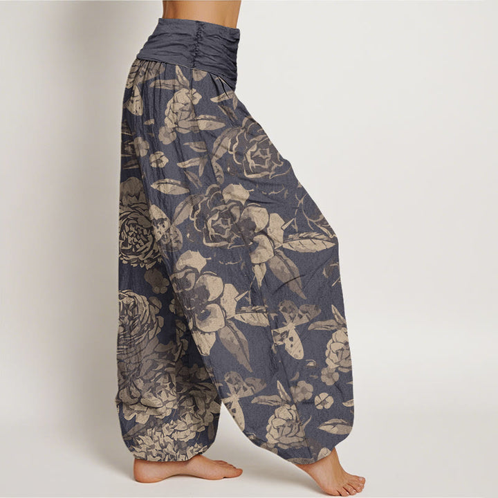 Pantalon harem décontracté en coton à motif de pivoines et feuilles, avec taille élastique, orné de Buddha Stones - image 1