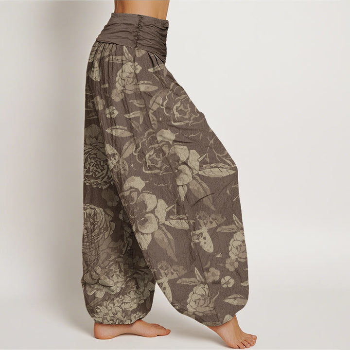 Pantalon harem décontracté en coton à motif de pivoines et feuilles, avec taille élastique, orné de Buddha Stones - image 5
