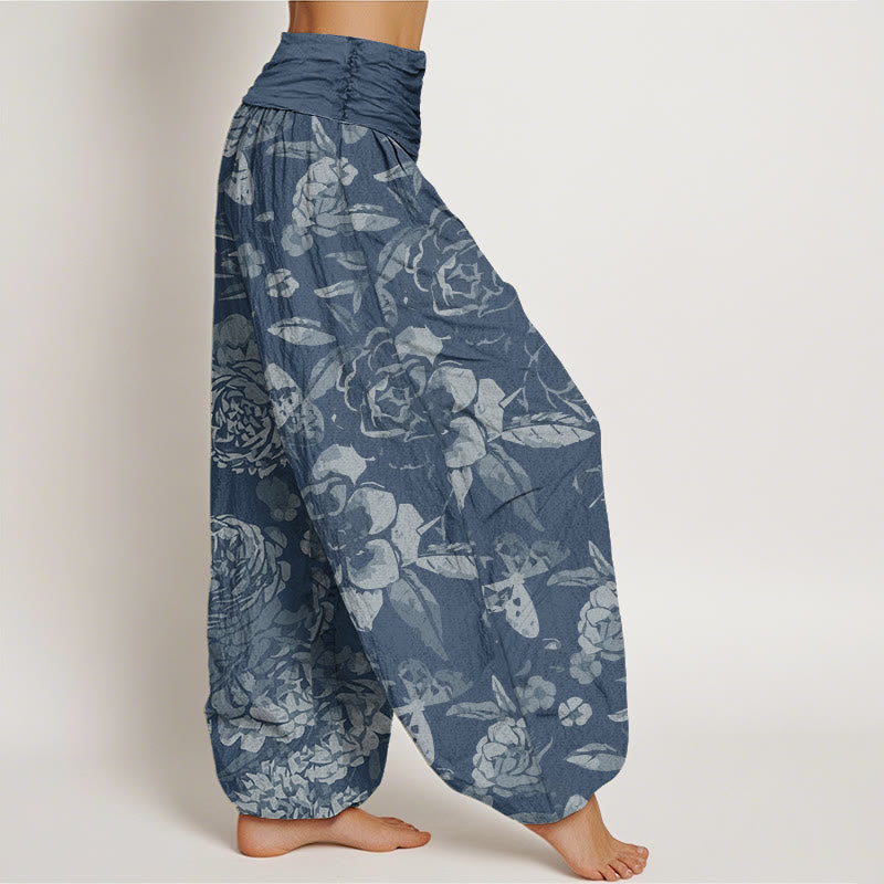 Pantalon harem décontracté en coton à motif de pivoines et feuilles, avec taille élastique, orné de Buddha Stones - image 8
