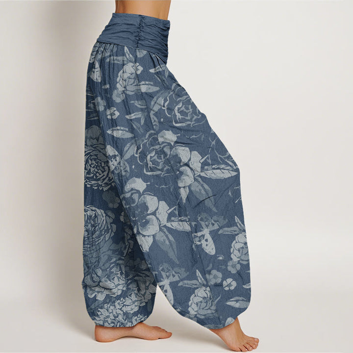 Pantalon harem décontracté en coton à motif de pivoines et feuilles, avec taille élastique, orné de Buddha Stones - image 8