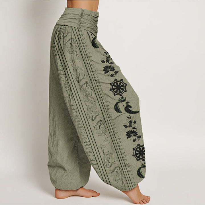 Pantalon Buddha Stones à taille élastique pour femme avec motif de roue du Dharma et de lotus OM - image 6