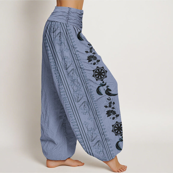 Pantalon harem à taille élastique pour femme, en coton, motif lotus et roue du Dharma, avec Buddha Stones et motif OM. - image 1