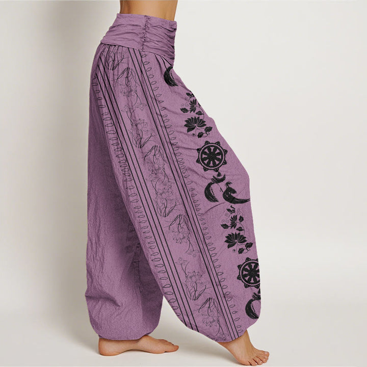 Pantalon harem à taille élastique pour femme, en coton, motif lotus et roue du Dharma, avec Buddha Stones et motif OM. - image 6