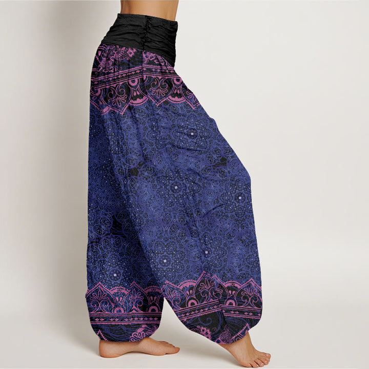Pantalon sarouel à taille élastique pour femme avec motif de fleurs de mandala élégant et Buddha Stones