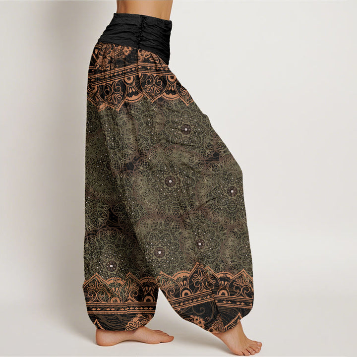 Pantalon sarouel à taille élastique pour femme avec motif de fleurs de mandala élégant et Buddha Stones