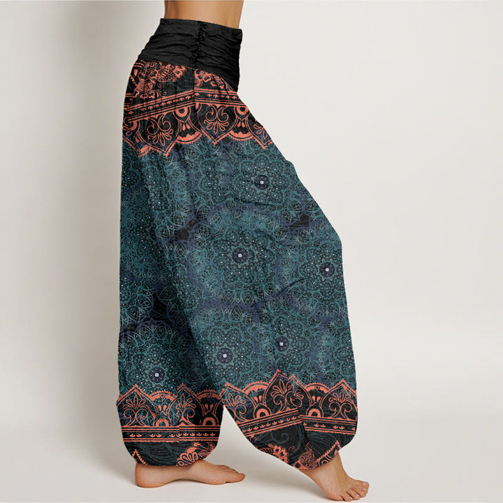 Pantalon sarouel à taille élastique pour femme avec motif de fleurs de mandala élégant et Buddha Stones