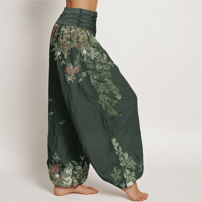 Pantalon harem à taille élastique pour femme, en coton décontracté, orné de pivoines rouges et de motifs floraux, avec Buddha Stones - image 5