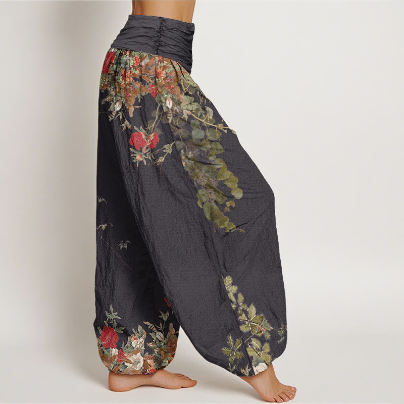 Pantalon harem à taille élastique pour femme, en coton décontracté, orné de pivoines rouges et de motifs floraux, avec Buddha Stones - image 1