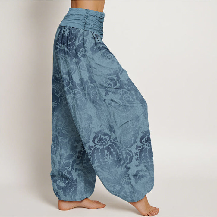 Pantalon harem à taille élastique pour femme, en coton décontracté avec motif de fleurs et de feuilles et Buddha Stones - image 1