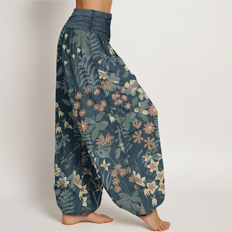 Pantalon harem à taille élastique pour femme, en coton décontracté avec motif de marguerites et de feuilles, orné de Buddha Stones - image 1