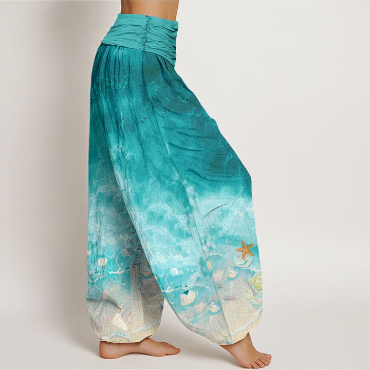 Pantalon harem à taille élastique pour femme, en coton, motif « Buddha Stones et vaste océan », en coton. - image 1