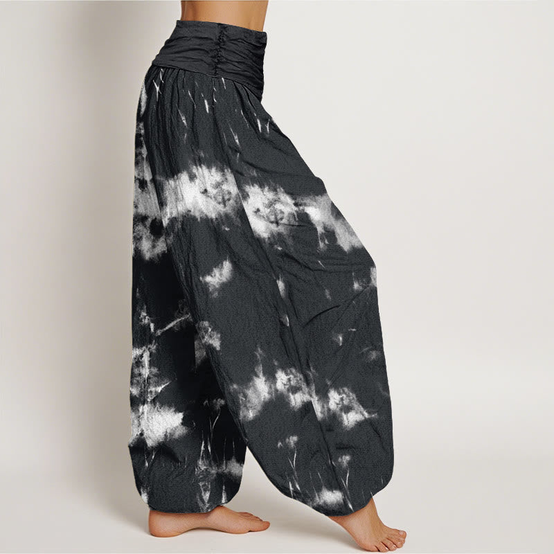 Pantalon harem à taille élastique pour femme, en coton blanc à rayures et pois, motif tie-dye Buddha Stones - image 1