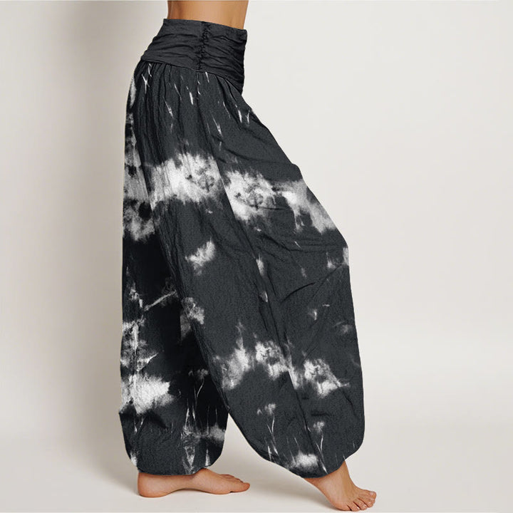 Pantalon harem à taille élastique pour femme, en coton blanc à rayures et pois, motif tie-dye Buddha Stones - image 1