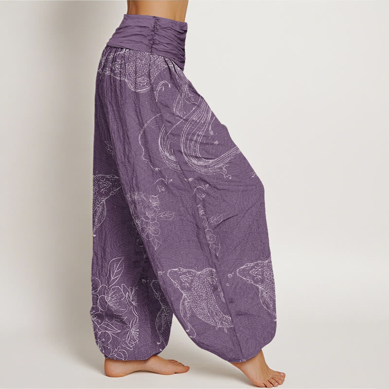 Pantalon harem à taille élastique pour femme, en coton, motif floral et carpes koï, avec Buddha Stones - image 5