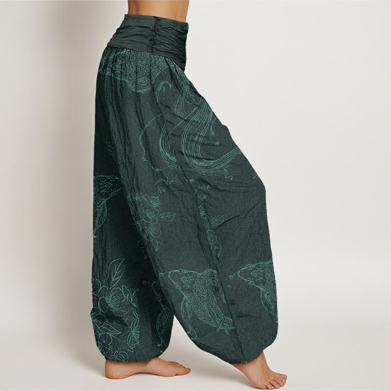 Pantalon harem à taille élastique pour femme, en coton, motif floral et carpes koï, avec Buddha Stones - image 8