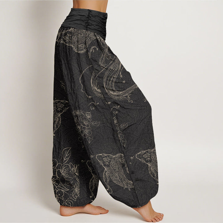 Pantalon sarouel à taille élastique pour femme avec motif floral de poissons Koi et Buddha Stones - image 2