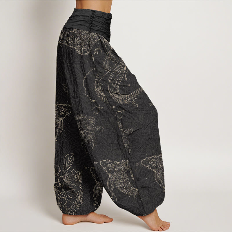 Pantalon harem à taille élastique pour femme, en coton, motif floral et carpes koï, avec Buddha Stones - image 1