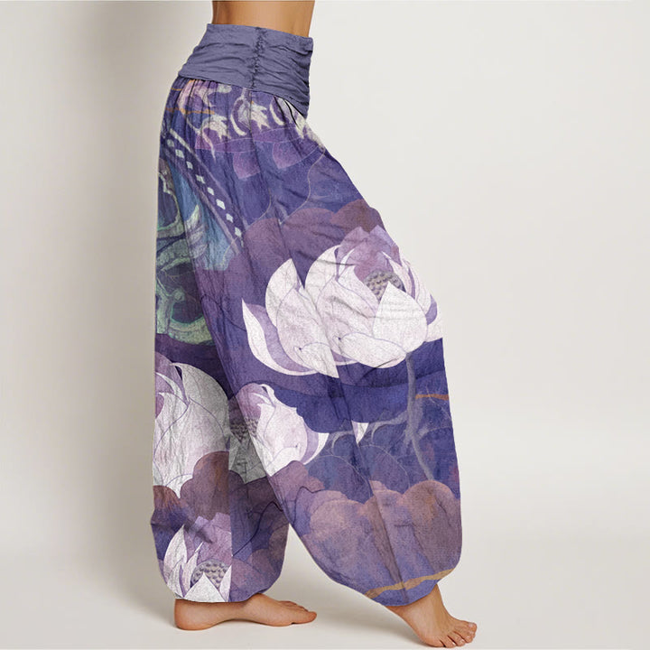 Pantalon harem décontracté pour femme, en coton blanc à motif de Buddha Stones , taille élastique - image 6