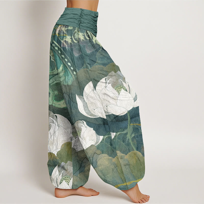Pantalon harem décontracté pour femme, en coton blanc à motif de Buddha Stones , taille élastique - image 2