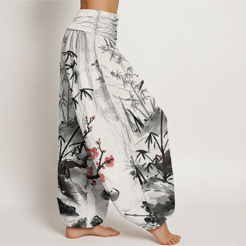 Pantalon harem à taille élastique pour femme , Buddha Stones, coton, fleurs de prunier, bambou, orchidées et chrysanthèmes - image 1
