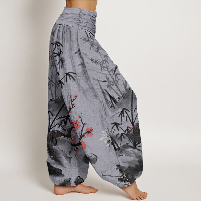 Pantalon sarouel à taille élastique pour femme avec motif de Buddha Stones, de fleurs de prunier, d'orchidées en bambou et de chrysanthèmes - image 9