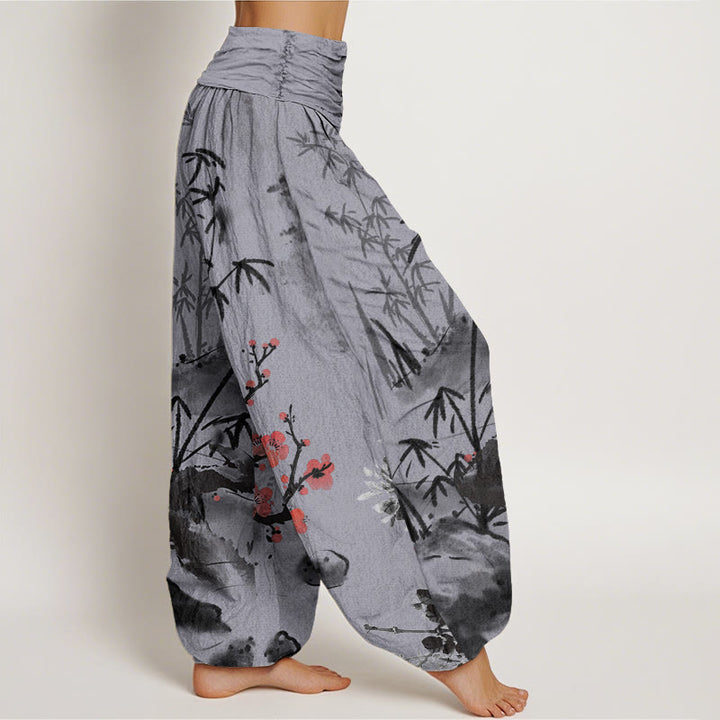 Pantalon sarouel à taille élastique pour femme avec motif de Buddha Stones, de fleurs de prunier, d'orchidées en bambou et de chrysanthèmes - image 9