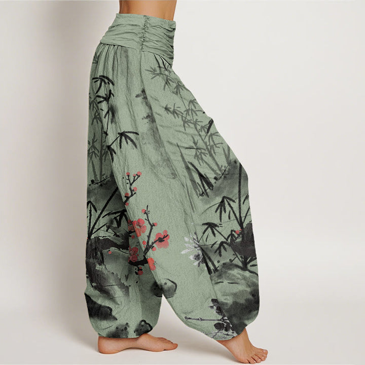 Pantalon harem à taille élastique pour femme , Buddha Stones, coton, fleurs de prunier, bambou, orchidées et chrysanthèmes - image 5