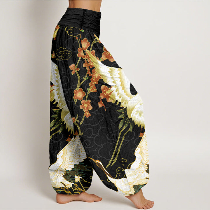 Pantalon harem à taille élastique pour femme, motif Buddha Stones, grues en coton, fleurs et nuages ​​de bon augure - image 1