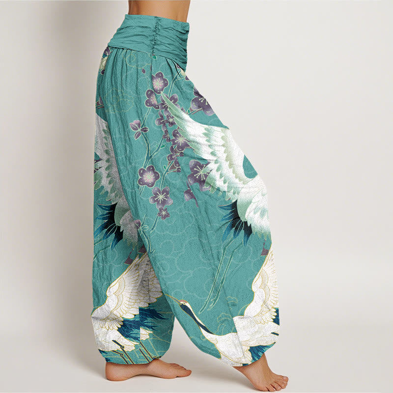 Pantalon harem à taille élastique pour femme, motif Buddha Stones, grues en coton, fleurs et nuages ​​de bon augure - image 5