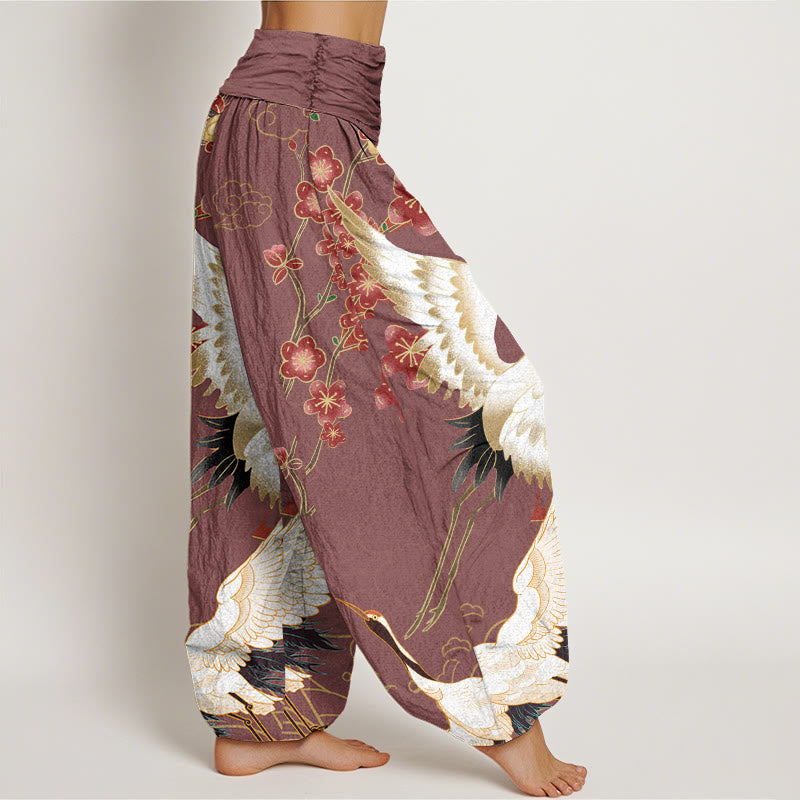Pantalon harem à taille élastique pour femme, motif Buddha Stones, grues en coton, fleurs et nuages ​​de bon augure - image 8