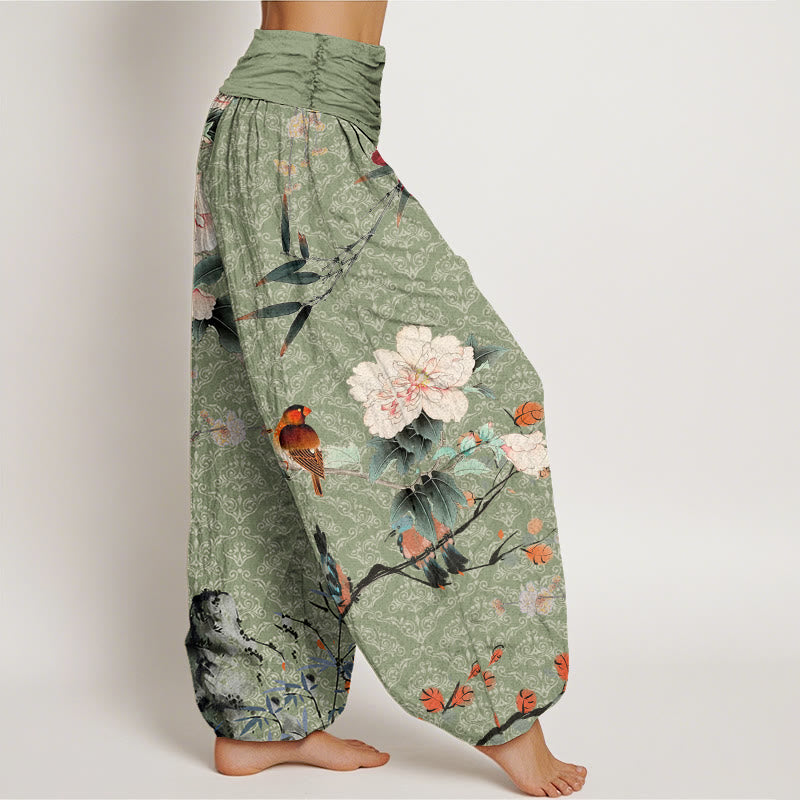 Pantalon harem à taille élastique pour femme, orné de Buddha Stones , d'une fauvette des champs et de branches fleuries, motif mandala - image 1