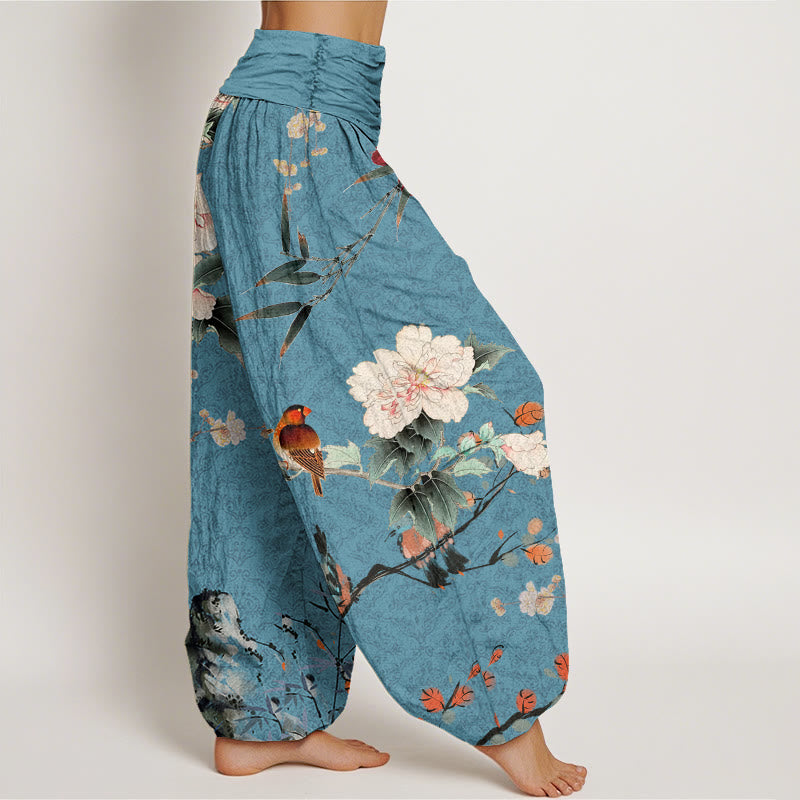 Pantalon harem à taille élastique pour femme, orné de Buddha Stones , d'une fauvette des champs et de branches fleuries, motif mandala - image 5