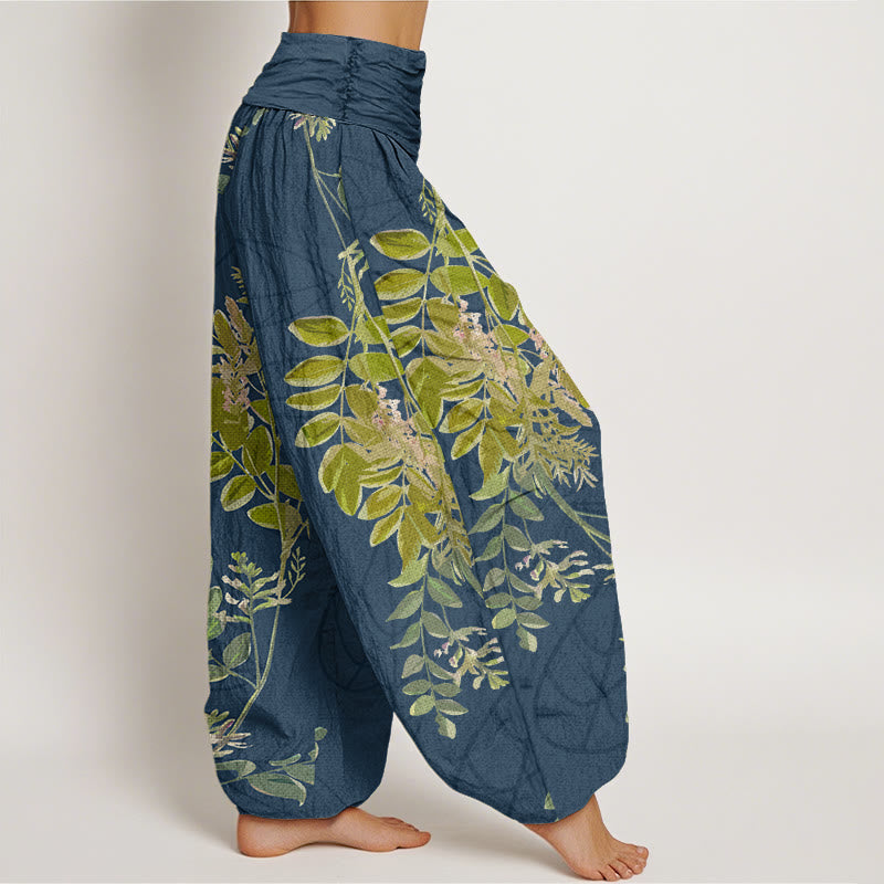 Pantalon harem à taille élastique pour femme, en coton, à Buddha Stones, de feuilles et de branches vertes. - image 9