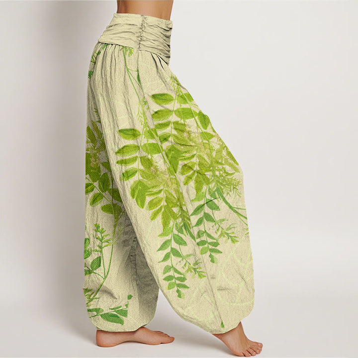 Pantalon harem à taille élastique pour femme, en coton, à Buddha Stones, de feuilles et de branches vertes. - image 2
