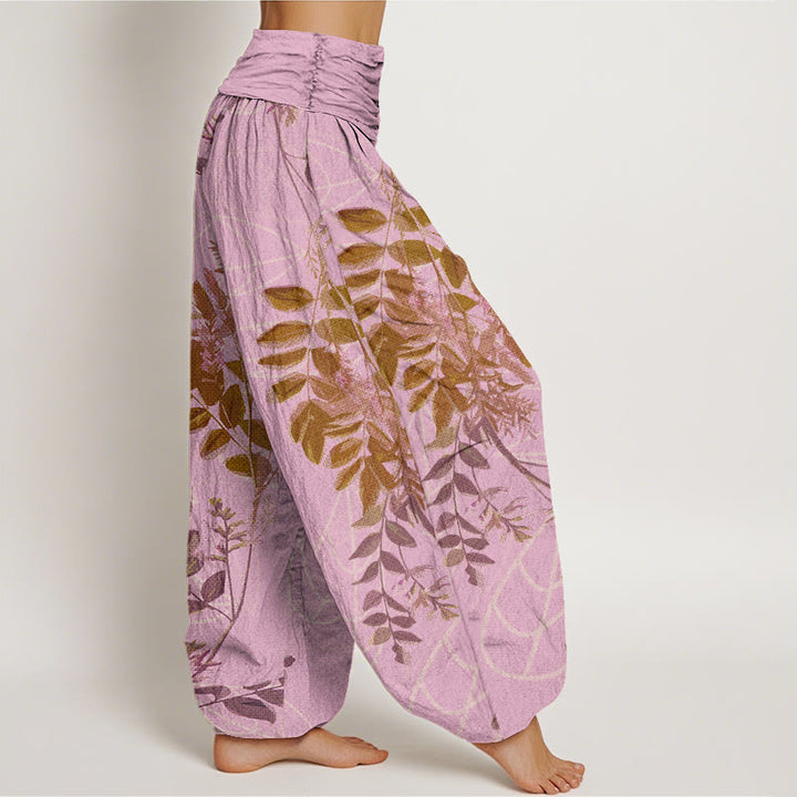 Pantalon harem à taille élastique pour femme, en coton, à Buddha Stones, de feuilles et de branches vertes. - image 6
