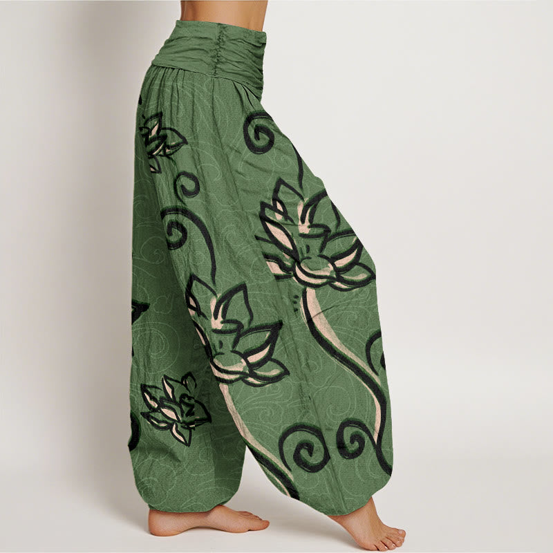 Pantalon Buddha Stones décontracté à taille élastique pour femme avec motif de lotus et nuages ​​de bon augure - image 2