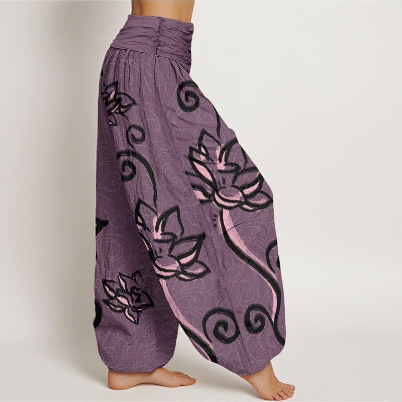 Pantalon Buddha Stones décontracté à taille élastique pour femme avec motif de lotus et nuages ​​de bon augure - image 10