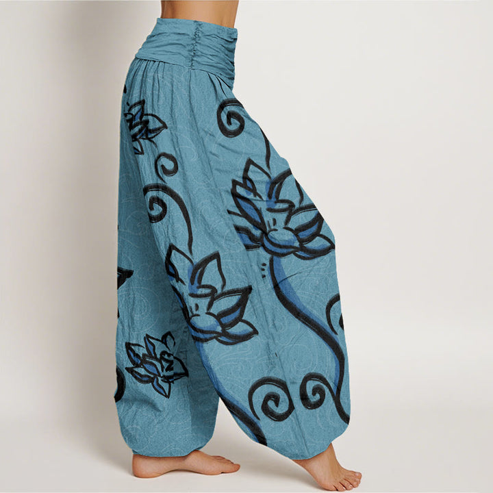 Pantalon harem à taille élastique pour femme, en coton décontracté, orné de lotus et de nuages ​​porte-bonheur, avec motif de Buddha Stones - image 6