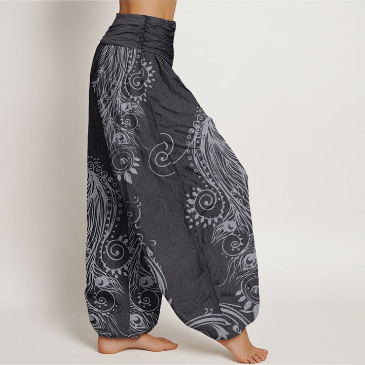 Pantalon harem décontracté en coton à motif paon et Buddha Stones, taille élastique pour femme - image 9