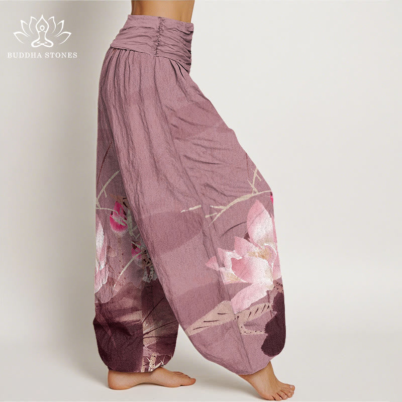 Pantalon harem à taille élastique pour femme, en coton rose à motif de feuilles de lotus et d'oiseaux, avec Buddha Stones - image 8