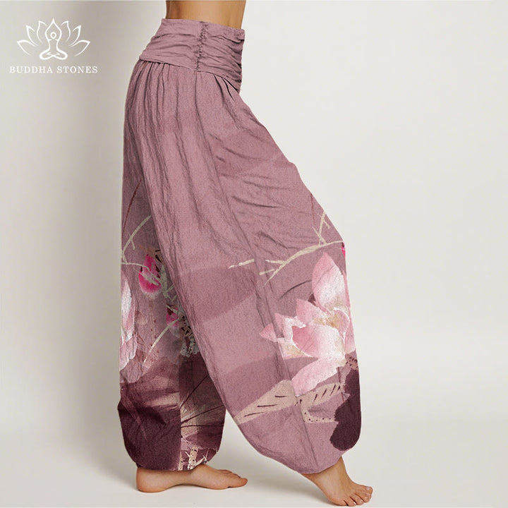 Pantalon harem à taille élastique pour femme, en coton rose à motif de feuilles de lotus et d'oiseaux, avec Buddha Stones - image 8